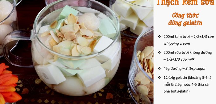 Ngâm gelatin trong nước lạnh (thời tiết nóng nên cho thêm đá). Nếu dùng gelatin bột, ngâm với 45ml nước (2.5 thìa canh).