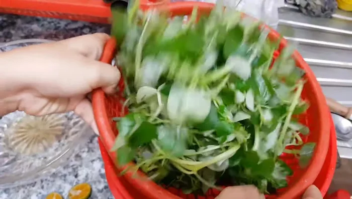 Lặt bỏ phần bông, hạt của rau càng cua, rửa sạch và để ráo nước.