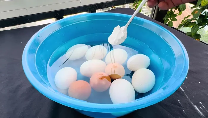 Rửa sạch trứng với nước và bột mì (hoặc muối) để loại bỏ vết dơ và vi khuẩn. Ngâm 10 phút (54.039).