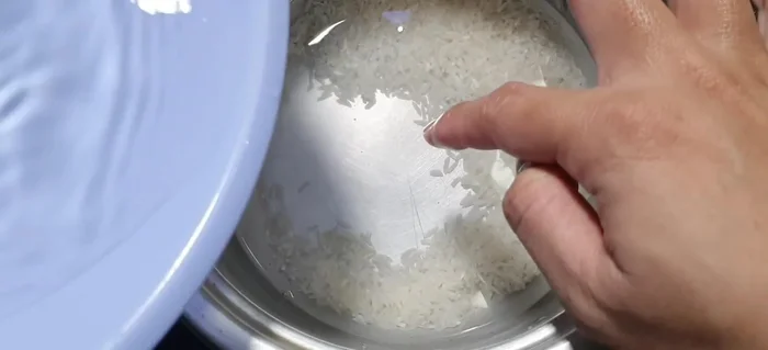 Cho gạo vào nồi, thêm nước (lượng nước nhiều hơn gạo khoảng một lóng tay).
