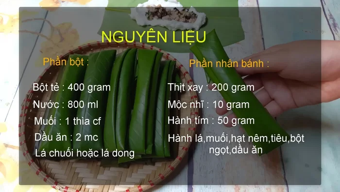 Pha bột: Cho 400g bột gạo, 1 thìa cà phê muối vào tô. Thêm 800ml nước, khuấy đều (tỉ lệ 1:2). Bọc kín tô, để bột nghỉ 1 giờ.