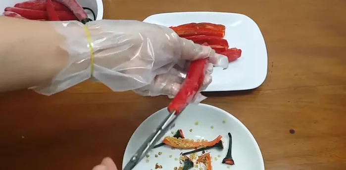 Bỏ hạt ớt rồi cắt nhỏ (101.25). Cắt nhỏ tỏi và hành (157.78).