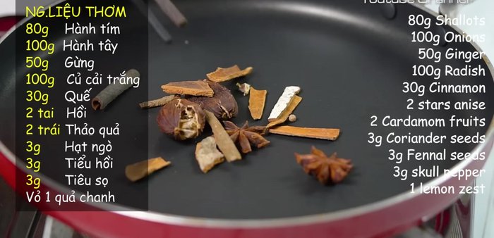 Rang Quế, hồi, thảo quả, hạt ngò, tiểu hồi, tiêu sọ cho thơm.
