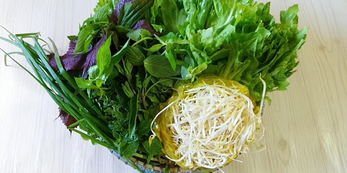 Sơ chế rau sống: xà lách, cải bẹ xanh, rau thơm, tía tô, rau quế, húng lủi, hành lá, rửa sạch, thái nhỏ, ngâm nước muối.