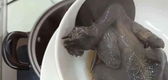 Tắt bếp, múc gà và tổ yến ra tô.