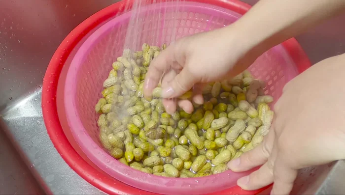 Vớt lạc ra, rửa qua với nước lạnh để lạc nhanh nguội và giữ được độ giòn. (217.01)