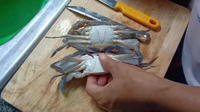 Chuẩn bị ghẹ: Sử dụng dụng cụ nhỏ nhọn (như que tăm hoặc dao nhỏ) luồn vào miệng ghẹ để cắt bỏ dây thun. (Lưu ý: Nếu không cắt dây thun, ghẹ sẽ chết và thịt sẽ không ngon).