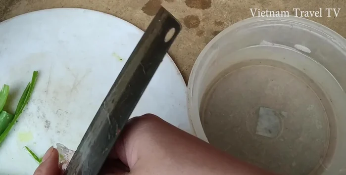 Rửa sạch nha đam với nước, loại bỏ hết phần vỏ xanh.