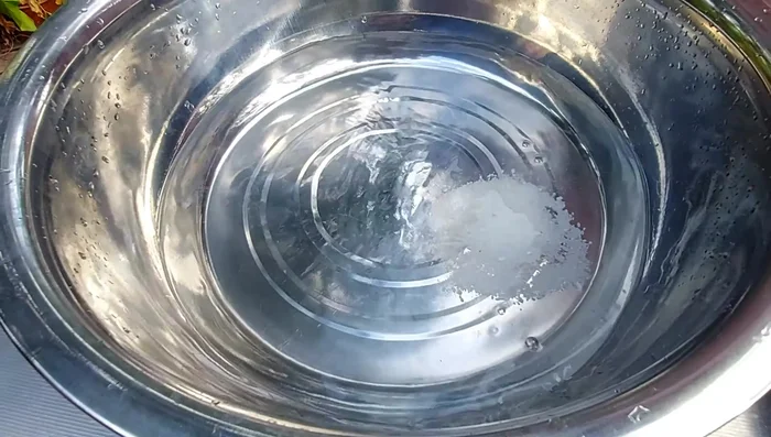 Ngâm chuối vào thau nước muối pha loãng (khoảng 1.5 lít nước + 1 muỗng muối) để chuối trắng, đẹp hơn. (Thời gian ngâm tùy ý)