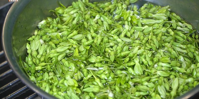 Rửa sạch hoa thiên lý và ngâm trong nước muối loãng 5 phút, sau đó rửa lại với nước sạch. (104.78)