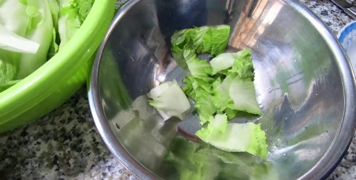 Trộn salad: Cắt nhỏ xà lách, cải caro. Cho xà lách, cải caro, cà chua, hành tây, ớt vào tô lớn. Trộn đều với dầu giấm.