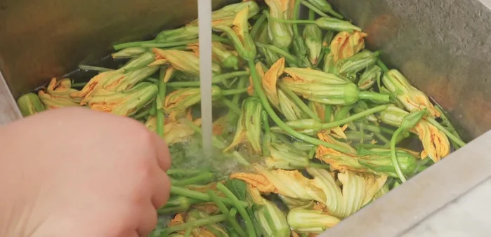 Rửa sạch bông bí, ngâm với nước muối 2-3 phút, rửa lại và để ráo nước.