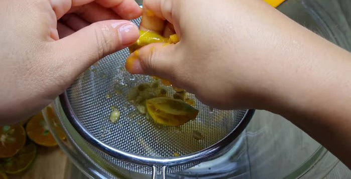 Bóp lấy nước cốt tắc, giữ lại vỏ. (149.74)